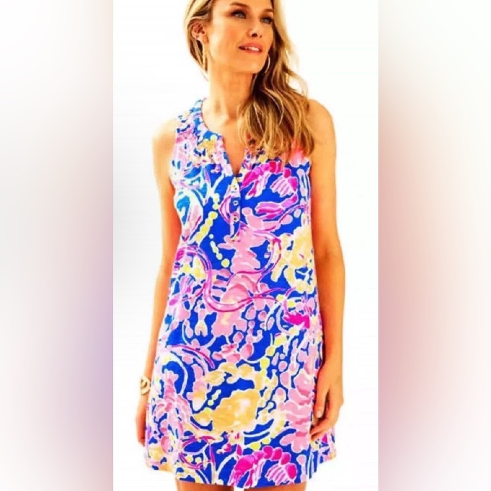 Lilly Pulitzer ESSIE DRESS Brilliant Blue Catch Release Pink Women Size X-Small